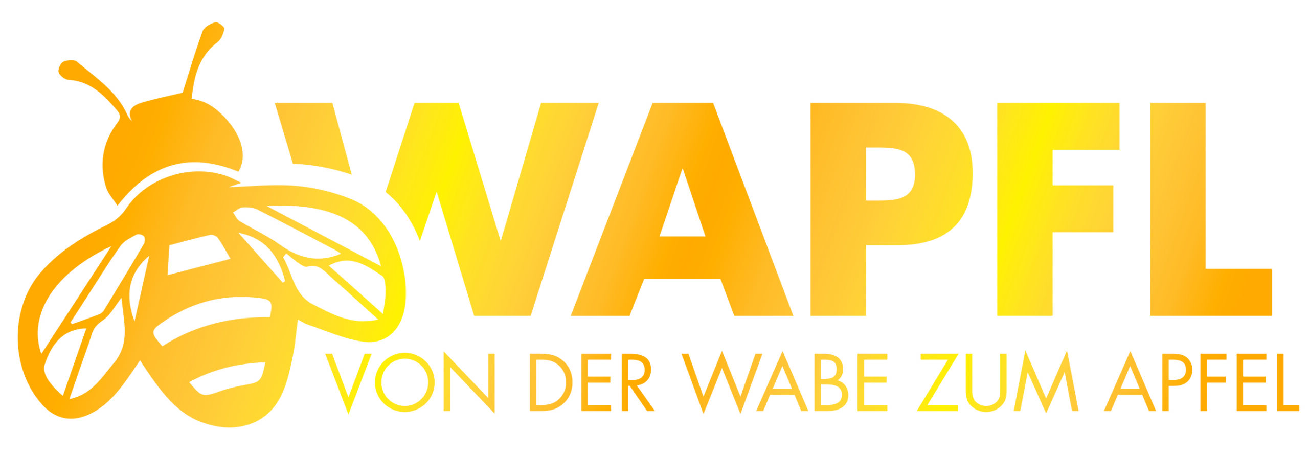 LOGO Projekt WAPFL - Karikatur Biene und Schriftzug "WAPFL - von der Wabe zum Apfel"