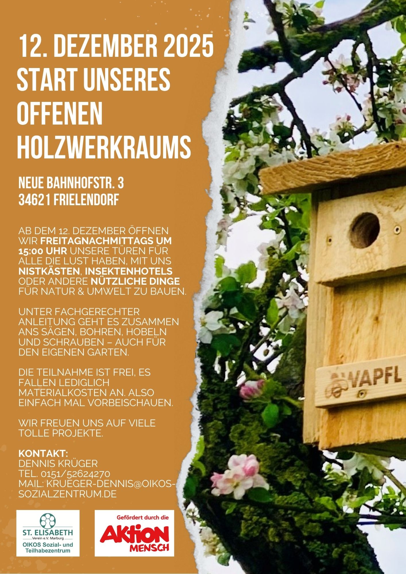 Plakat mit Einladung zur Eröffnung des offenen Holzwerkraums am 12. Dezember 2025