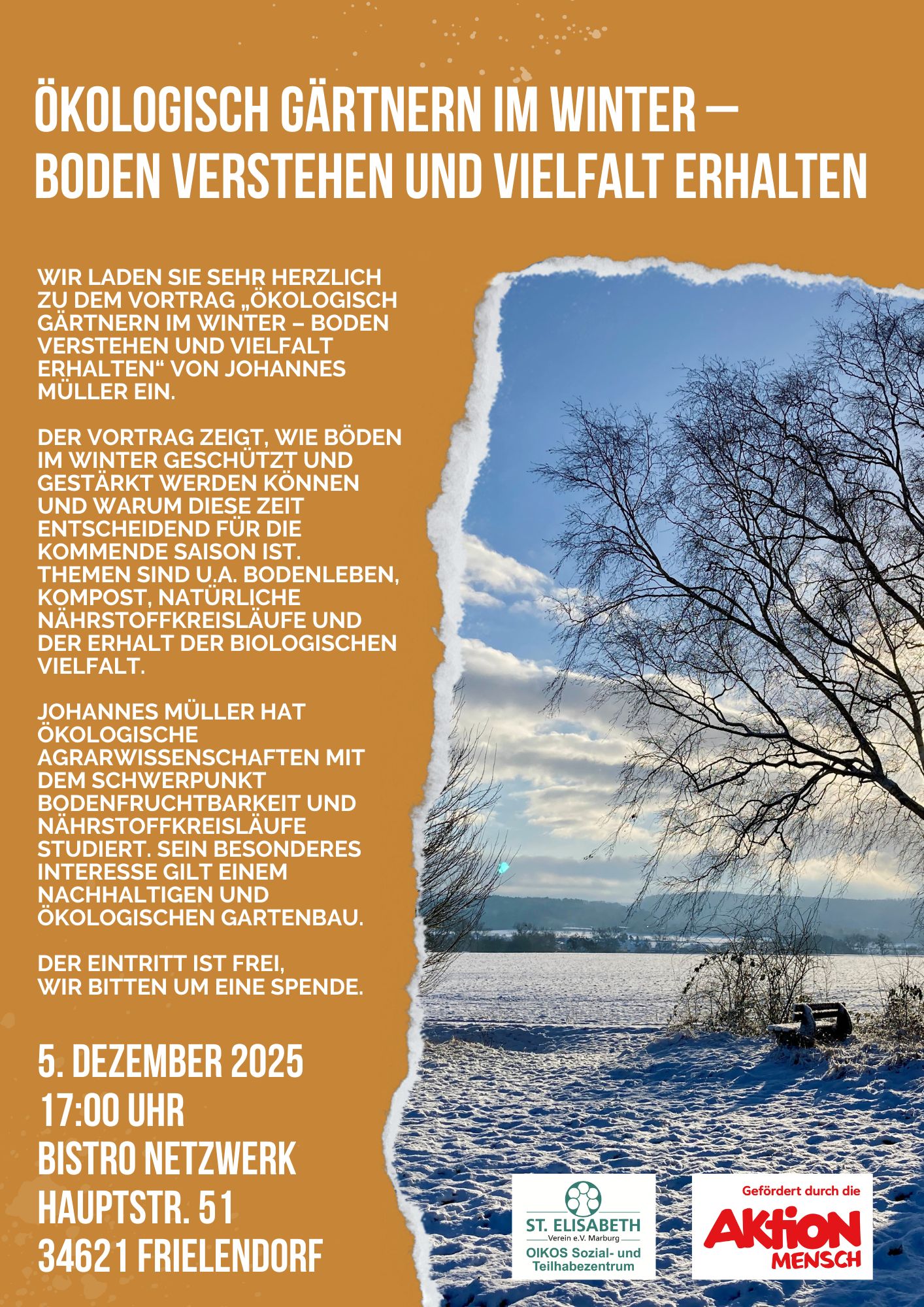 Plakat mit Einladung zum Vortrag "Ökologisch Gärtnern im Winter - Boden verstehen und Vielfalt erhalten" am 5. Dezember 2025